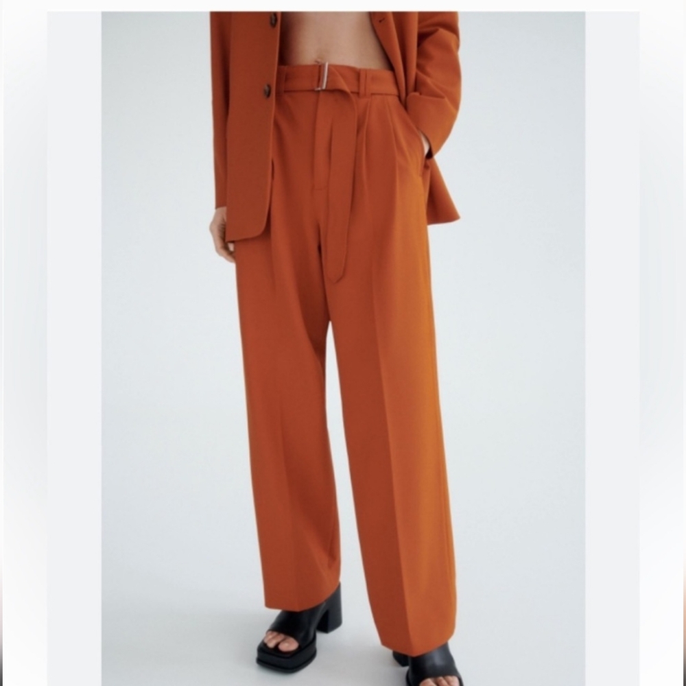 Zara Orange Wide Leg Pants with High Waist and Stylish d-ring Belt